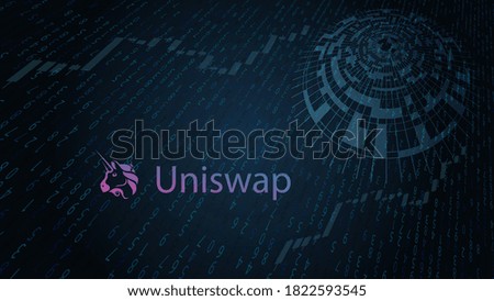 Uniswap cryptocurrency stock market name with logo on abstract digital background. Crypto stock exchange for news and media. Vector EPS10.