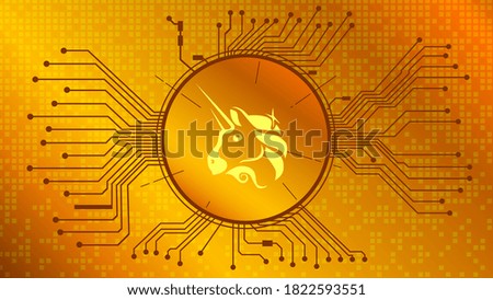 Uniswap UNI cryptocurrency token symbol of the DeFi project in circle with PCB tracks on gold background. Currency icon. Decentralized finance programs. Vector EPS10.