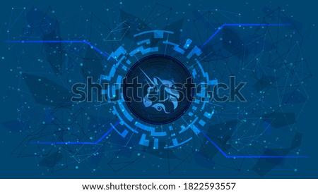Uniswap UNI token symbol of the DeFi project in a digital circle with a cryptocurrency theme on a blue background. Cryptocurrency icon. Decentralized finance programs. Copy space. Vector EPS10.