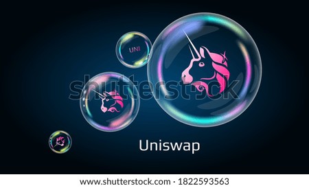 Uniswap UNI token symbol in soap bubble, coin DeFi project decentralized finance. The financial pyramid will burst soon and destroyed. Vector EPS10.