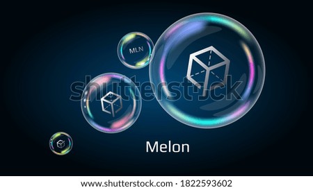 Melon MLN token symbol in soap bubble, coin DeFi project decentralized finance. The financial pyramid will burst soon and destroyed. Vector EPS10.