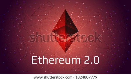 Ethereum 2.0 updated - cryptocurrency coin symbol on abstract polygonal red background. New direction after hard fork. Proof-of-Stake PoS consensus. Vector EPS10.