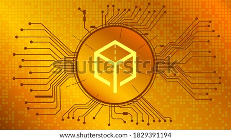 Melon MLN cryptocurrency token symbol of the DeFi project in circle with PCB tracks on gold background. Currency wallet icon. Decentralized finance programs. Vector EPS10.