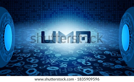 UMA token symbol of the DeFi system shining in the rays of light. Cryptocurrency logo icon. Decentralized finance programs. Vector EPS10. Foto stock © 