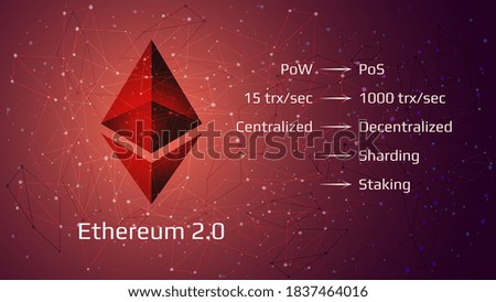 Ethereum 2.0 restart - cryptocurrency coin symbol on abstract polygonal red background. New direction after hard fork. Proof-of-Stake PoS consensus, sharding, staking. Vector EPS10.