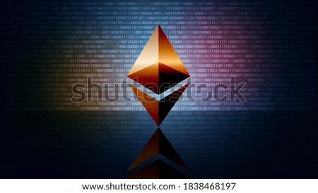 Ethereum ETH cryptocurrency token symbol, coin icon on dark digital background. Digital gold for website or banner. Vector EPS10.