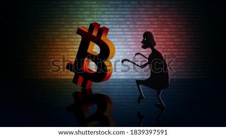 Bitcoin cryptocurrency theft concept with a silhouette of a thief sneaking towards a coin on a dark digital background. Vector EPS10.