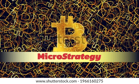 Banner MicroStrategy Incorporated - company that buys bitcoins and other digital coins and pushes the market up. Vector illustration.