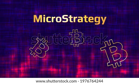 Banner MicroStrategy Incorporated on dark abstract background with Bitcoin symbols and red glow. Company that buys bitcoins and other digital coins and pushes the market up. Vector illustration.