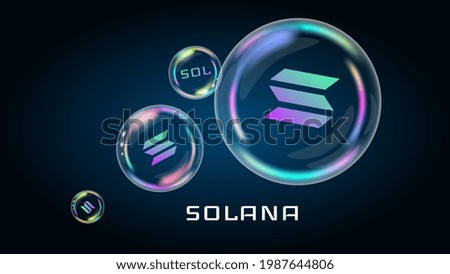 Solana SOL token symbol in soap bubble. The financial pyramid will burst soon and destroyed. Vector illustration.