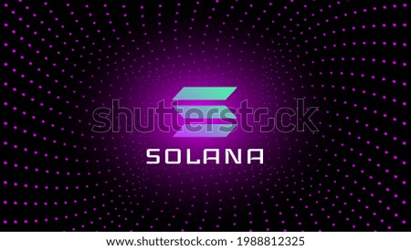 Solana SOL token symbol cryptocurrency in the center of spiral of glowing dots on dark background. Cryptocurrency logo icon for banner or news. Vector illustration.