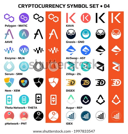 Set 04 of isolated cryptocurrency symbols, digital coins icons in monochrome and color. Vector illustration.