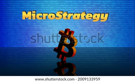 Banner MicroStrategy Incorporated on digital background with Bitcoin symbols on mirror floor. Company that buys bitcoins and other digital coins and pushes market up. Vector illustration.
