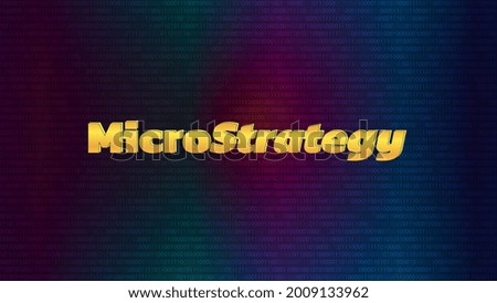 Banner MicroStrategy Incorporated on dark rainbow background. Company that buys bitcoins and other digital coins and pushes market up. Vector illustration.