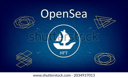 OpenSea text and logo internet platform NFT token market and auction on digital blue background. New trend in collectibles sales. Banner for news and media. Vector illustration.