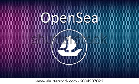 OpenSea text and logo internet platform NFT token market and auction. New trend in collectibles sales. Banner for news and media. Vector illustration.