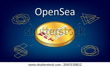 OpenSea text internet platform NFT token market and auction with isometric coin on blue background. New trend in collectibles sales. Banner for news and media. Vector illustration.