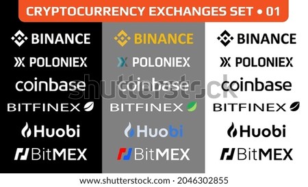 Set of cryptocurrency exchanges logo, digital stock market symbols icons isolated in monochrome and color. Set 01. Vector illustration.