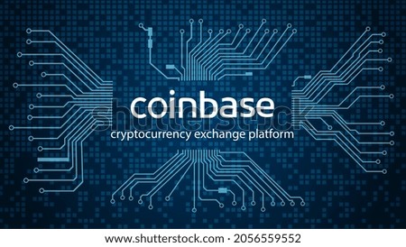 Coinbase cryptocurrency stock market name and printed circuit board on dark blue background. Crypto stock exchange banner for news and media. Vector illustration.