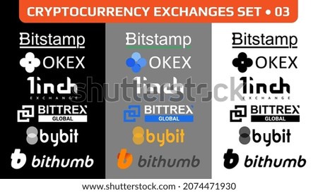 Set of cryptocurrency exchanges logo, digital stock market symbols icons isolated in monochrome and color. Set 03. Vector illustration.
