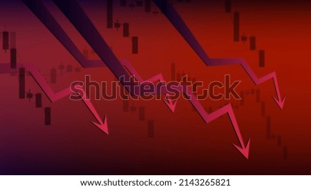 Red down arrows on dark red background. Fall of the economy and global crisis in all sectors. Vector illustration.