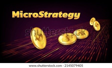 Banner MicroStrategy Incorporated with coins of Bitcoin BTC and Dollars USD on dark road from digits. Company that buys bitcoins and other digital coins and pushes market up. Vector illustration.