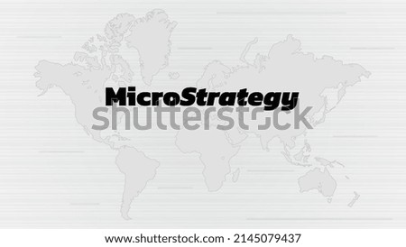 Banner MicroStrategy Incorporated with world map on white background. Company that buys bitcoins and other digital coins and pushes market up. Vector illustration.