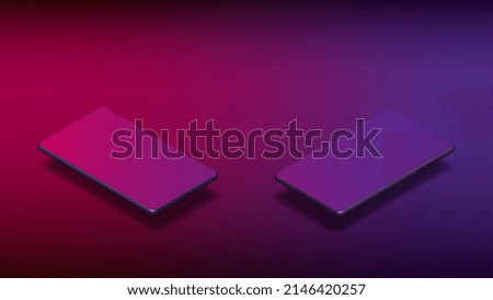 Two smartphones isometric with copy space on purple background. Banner template. Vector illustration.