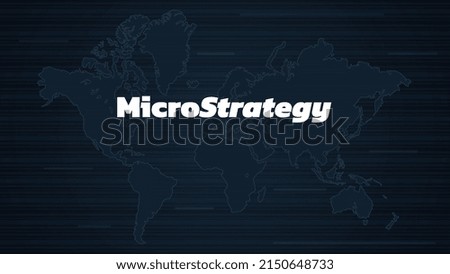 Banner MicroStrategy Incorporated with world map on dark background. Company that buys bitcoins and other digital coins and pushes market up. Vector illustration.