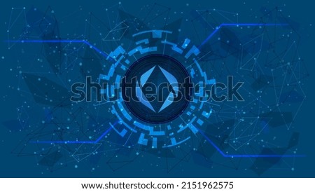 ENS Ethereum Name Service token symbol in digital circle with futuristic cryptocurrency theme on blue background. Cryptocurrency coin icon for banner or news. Vector illustration.