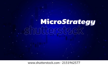 Banner MicroStrategy Incorporated with chart candles on dark blue background. Company that buys bitcoins and other digital coins and pushes market up. Vector illustration.