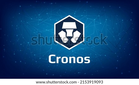 Cronos CRO token symbol on dark blue polygonal background. Crypto.com Cryptocurrency logo icon for website or banner. Vector illustration.