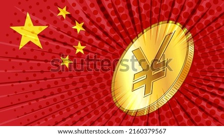 Gold coin with Chinese currency Yuan CNY sign and the red flag of China. China has created a digital Yuan. Vector illustration.