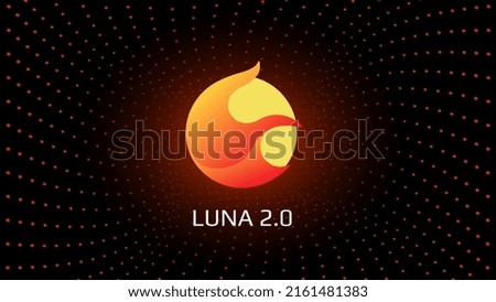 Resurrection Terra LUNA 2.0 token symbol cryptocurrency in the center of spiral of glowing red dots on dark background. Cryptocurrency logo icon for banner or news. Vector illustration.