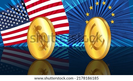 Gold coins of American dollar USD and Euro EUR on mirrored floor with colored flags of America and Europe. Exchange rates are almost equal and who is now leader is not clear. Vector illustration.