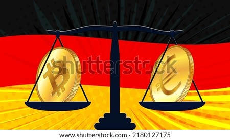 Gold coin of Bitcoin BTC and Euro EUR on scales and colored flag of Germany on background. Central Bank of Deutschland adopts laws on digital assets CBDC. Vector illustration.