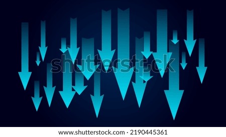 Lots of cyan arrows pointing down on dark blue background. Symbol of falling market or economy. News banner. Vector illustration.