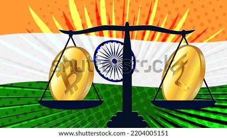 Gold coin of Bitcoin BTC and indian currency Rupee INR on scales with colored flag of India on background. Central Bank of India adopts laws on digital assets CBDC. Vector illustration.