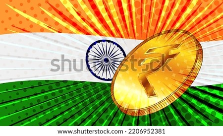 Gold coin with indian currency Rupee INR sign and the flag of India. India has created digital Rupee. Banner for news. Vector illustration.