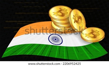 Stacks of gold coins of Bitcoin BTC on colored flag of India on dark digital background. Central Bank of India adopts laws on digital assets CBDC. Vector illustration.