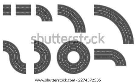 Set of gray section of road with four lanes separated by dashed line and solid line in the middle isolated on white. Road constructor. Clipart.