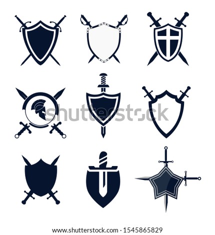 simple design set with shield sword logo icon vectors