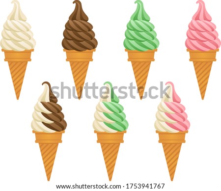 Illustration set of various soft serve ice cream (vanilla, chocolate, matcha, strawberry, mixed flavors)
