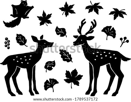 Hand drawn style silhouette illustration set of deer, flying squirrel and various leaves