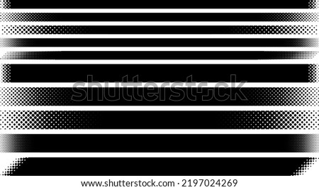 Illustration set of black horizontal long frames with dot gradient halftone decorations on both ends