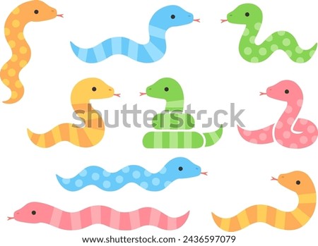Illustration set of snakes in various poses with colorful dots and stripes