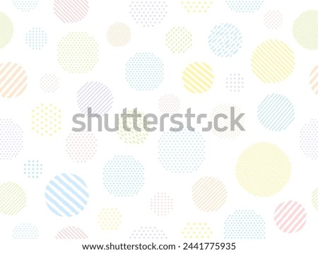 Pattern background illustration of randomly scattered colorful hand drawn style dots and striped circles