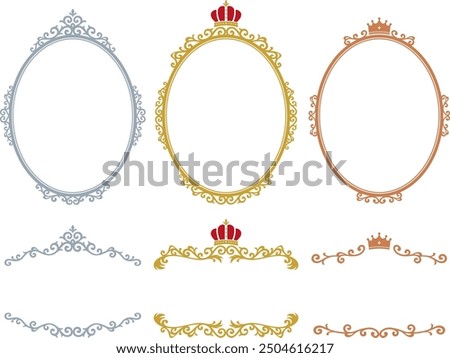 European classic style vertical oval frame and headline decoration set in gold, silver and copper colors with crown and tiara