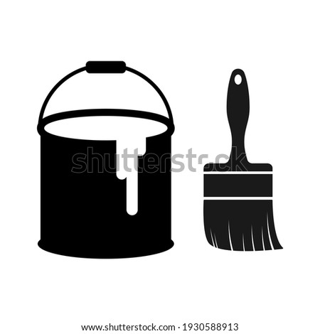 Black paint can and brush logo. Vector illustration liquid color bucket container with paintbrush icon.