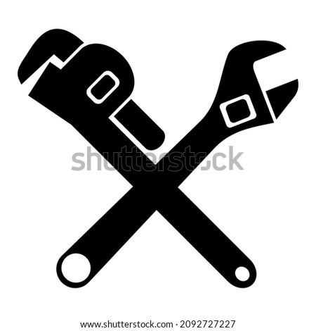 Cross adjustable wrench and pipe wrench icon. Industrial work tools. Black silhouette vector illustration isolated on white background.